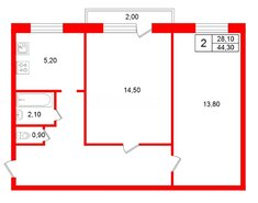 2-комн. кв. 44.3 м² 9/9 этаж