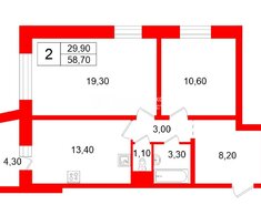 2-комн. кв. 58.7 м² 3/18 этаж