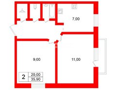 2-комн. кв. 35.9 м² 3/9 этаж
