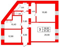 3-комн. кв. 91.3 м² 3/5 этаж