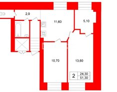 2-комн. кв. 51.3 м² 5/7 этаж
