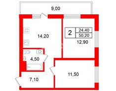 2-комн. кв. 50.2 м² 3/23 этаж