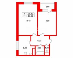 2-комн. кв. 53.9 м² 3/12 этаж