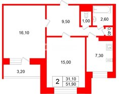 2-комн. кв. 51.9 м² 9/9 этаж