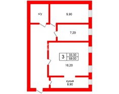 3-комн. кв. 59 м² 2/4 этаж