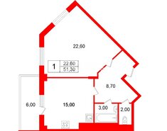 1-комн. кв. 51.3 м² 9/21 этаж