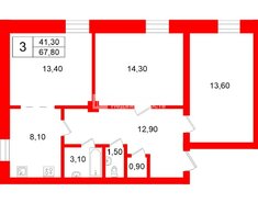 3-комн. кв. 67.8 м² 1/2 этаж