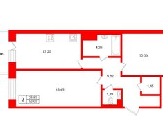 2-комн. кв. 56 м² 1/4 этаж