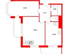 2-комн. кв. 46.1 м² 20/25 этаж