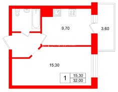 1-комн. кв. 32 м² 4/12 этаж