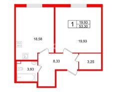 1-комн. кв. 53.3 м² 1/4 этаж