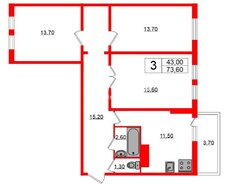 3-комн. кв. 73.6 м² 3/8 этаж
