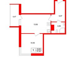 1-комн. кв. 37.2 м² 9/23 этаж