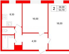 2-комн. кв. 53.7 м² 3/7 этаж