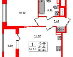 1-комн. кв. 34.23 м² 3/17 этаж