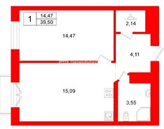 1-комн. кв. 39.5 м² 6/12 этаж