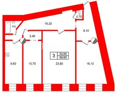 3-комн. кв. 88.6 м² 4/6 этаж