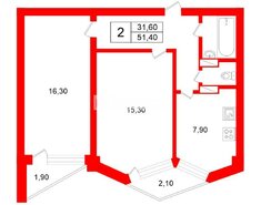 2-комн. кв. 51.4 м² 4/22 этаж