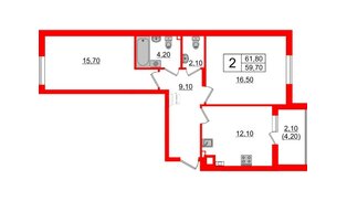 Квартира в ЖК «River Park», 2 комнатная, 61.8 м², 1 этаж