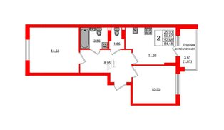 Квартира в ЖК «Консул», 2 комнатная, 52.68 м², 9 этаж