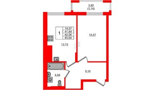 Квартира в ЖК «АЭРО», 1 комнатная, 42.98 м², 6 этаж