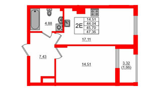 Квартира в ЖК «АЭРО», 1 комнатная, 45.13 м², 1 этаж