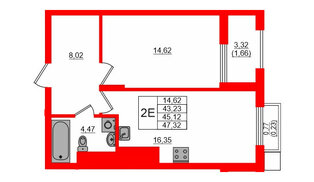 Квартира в ЖК «АЭРО», 1 комнатная, 45.12 м², 7 этаж