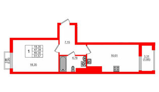 Квартира в ЖК «АЭРО», 1 комнатная, 48.86 м², 5 этаж