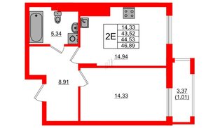 Квартира в ЖК «АЭРО», 1 комнатная, 44.53 м², 3 этаж