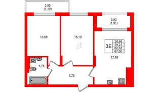 Квартира в ЖК «АЭРО», 2 комнатная, 62.33 м², 7 этаж