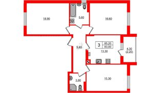 Квартира в ЖК «Ривер Парк-2», 3 комнатная, 85.2 м², 4 этаж