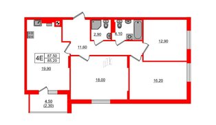 Квартира в ЖК «River Park-2», 3 комнатная, 87.5 м², 3 этаж