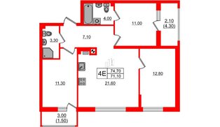Квартира в ЖК «River Park-2», 3 комнатная, 74.7 м², 1 этаж