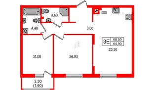 Квартира в ЖК «River Park-2», 2 комнатная, 66.5 м², 1 этаж