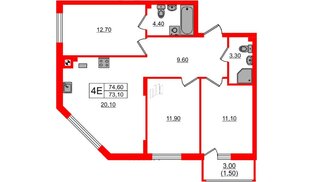Квартира в ЖК «River Park-2», 3 комнатная, 74.6 м², 1 этаж