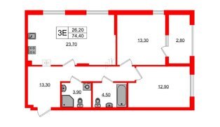 Квартира в ЖК «Дом на Красной», 2 комнатная, 74.4 м², 1 этаж