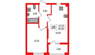 Квартира в ЖК «Дом на Красной», 1 комнатная, 40.9 м², 1 этаж