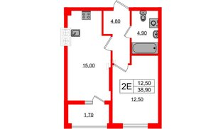 Квартира в ЖК «Дом на Красной», 1 комнатная, 38.9 м², 1 этаж