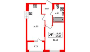 Квартира в ЖК «Дом на Красной», 1 комнатная, 38.6 м², 5 этаж