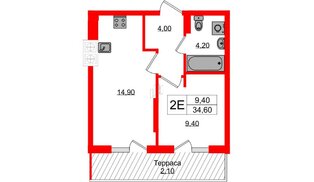 Квартира в ЖК «Дом на Красной», 1 комнатная, 34.6 м², 8 этаж