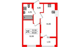 Квартира в ЖК «Дом на Красной», 1 комнатная, 38.6 м², 2 этаж