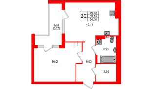 Квартира в ЖК «Расцвет Парк», 1 комнатная, 53.1 м², 2 этаж
