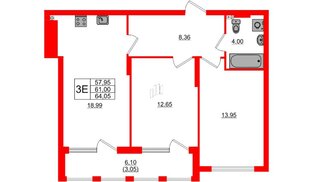 Квартира в ЖК «Расцвет Парк», 2 комнатная, 61 м², 4 этаж