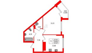 Квартира в ЖК «Расцвет Парк», 1 комнатная, 41.38 м², 3 этаж