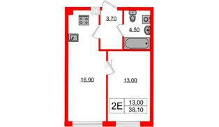 Квартира в ЖК «Дом на Красной», 1 комнатная, 38.1 м², 2 этаж