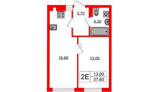 Квартира в ЖК «Дом на Красной», 1 комнатная, 37.6 м², 3 этаж