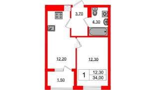 Квартира в ЖК «Дом на Красной», 1 комнатная, 34 м², 8 этаж
