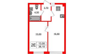 Квартира в ЖК «Дом на Красной», 1 комнатная, 38.1 м², 2 этаж