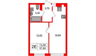 Квартира в ЖК «Дом на Красной», 1 комнатная, 37.6 м², 4 этаж