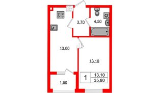 Квартира в ЖК «Дом на Красной», 1 комнатная, 35.8 м², 1 этаж